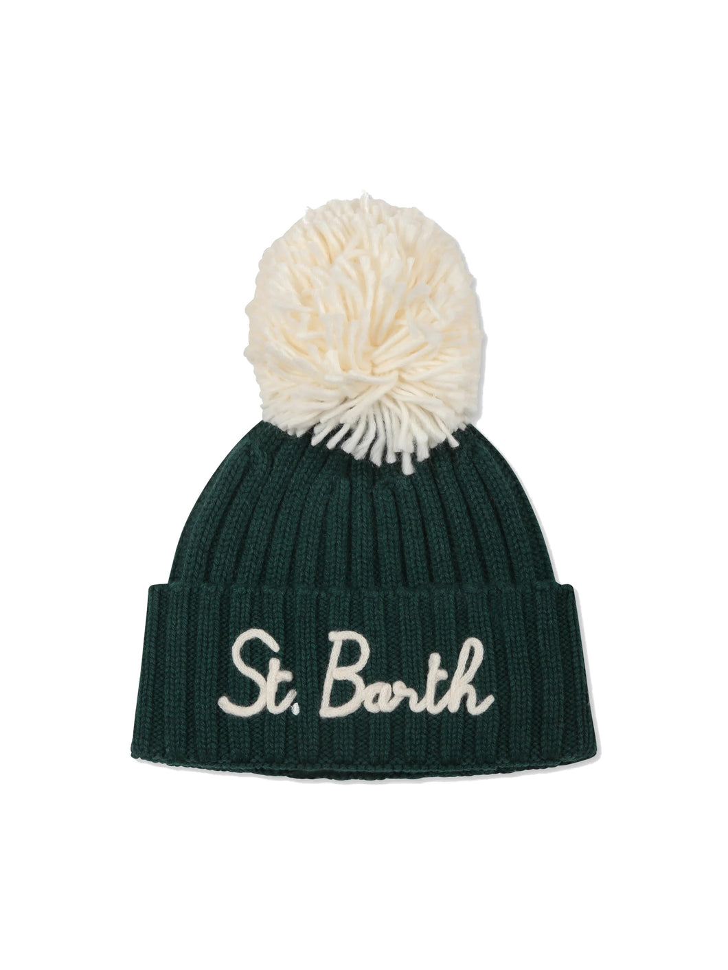 Mc2 Saint Barth Cappello Verde Wengen con Pompon e Ricamo St. Barth Panna