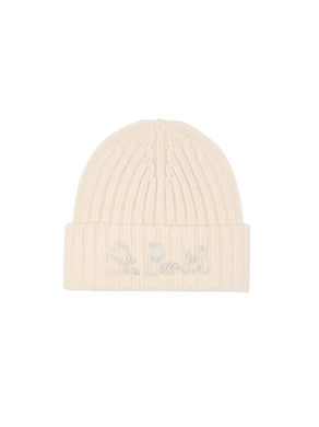 Mc2 Saint Barth Cappello Wengen Bianco con Ricamo St. Barth in Lurex Argento